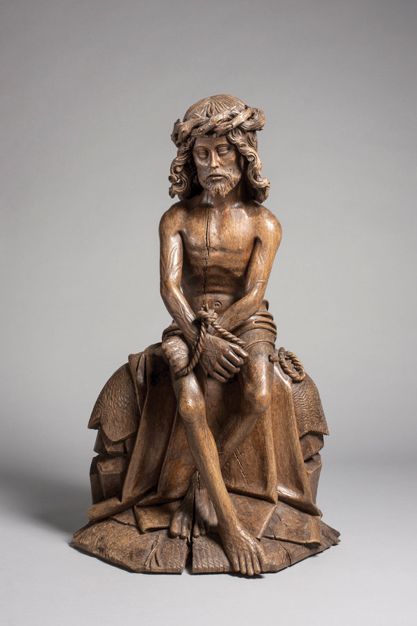 SOLITARY CHRIST—Christ on the Cold Stone, Netherlands, Brabant, c. 1490, 72 x 44.5 x 26 cm; oak with traces of polychromy. The woodcarving is part of the Gothic Spirit exhibit at the Luhring Augustine art gallery in the Chelsea section of Manhattan. The exhibit is done in conjunction with London’s Sam Fogg gallery.